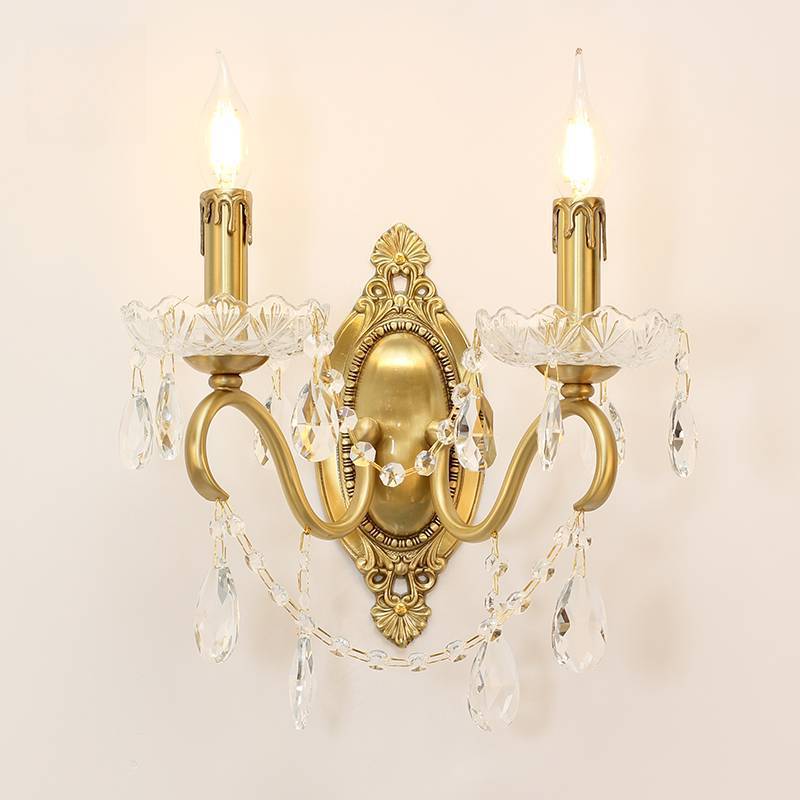 Traditional French Curved Pole Candelabra Carved Full Brass Crystal 2-Light Wall Sconce Lamp For Living Room