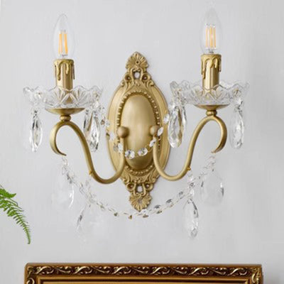 Traditional French Curved Pole Candelabra Carved Full Brass Crystal 2-Light Wall Sconce Lamp For Living Room