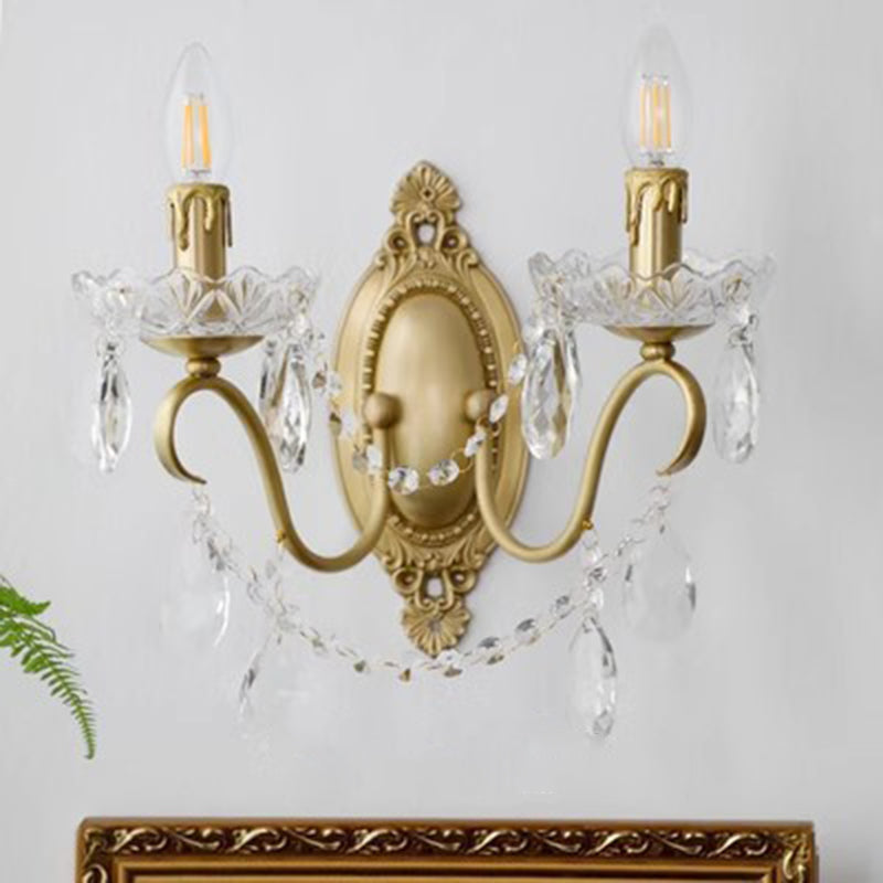 Traditional French Curved Pole Candelabra Carved Full Brass Crystal 2-Light Wall Sconce Lamp For Living Room