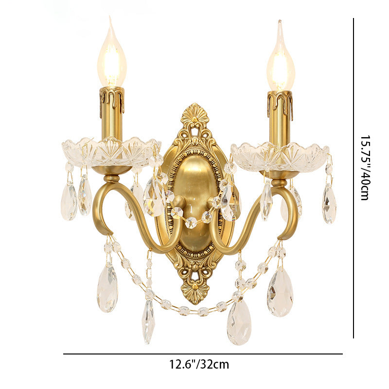 Traditional French Curved Pole Candelabra Carved Full Brass Crystal 2-Light Wall Sconce Lamp For Living Room