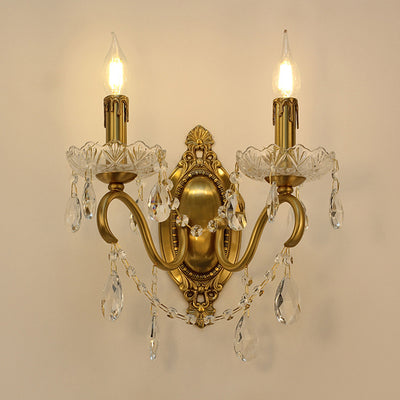 Traditional French Curved Pole Candelabra Carved Full Brass Crystal 2-Light Wall Sconce Lamp For Living Room