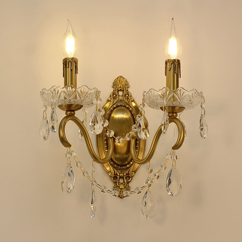 Traditional French Curved Pole Candelabra Carved Full Brass Crystal 2-Light Wall Sconce Lamp For Living Room