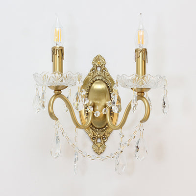 Traditional French Curved Pole Candelabra Carved Full Brass Crystal 2-Light Wall Sconce Lamp For Living Room