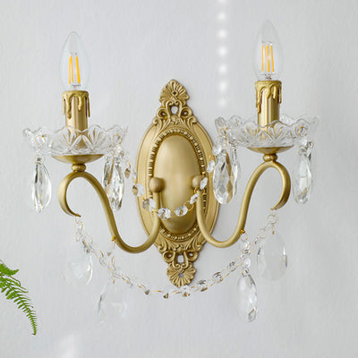 Traditional French Curved Pole Candelabra Carved Full Brass Crystal 2-Light Wall Sconce Lamp For Living Room