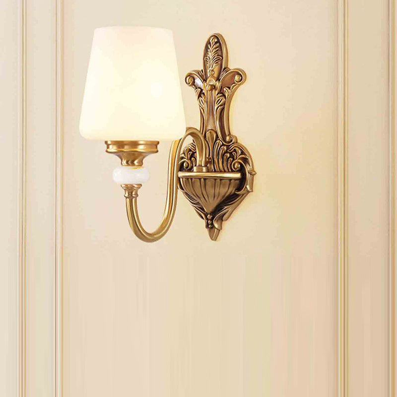 Traditional European Round Cup Shape Curved Pole Carved Brass Glass 1/2 Light Wall Sconce Lamp For Living Room