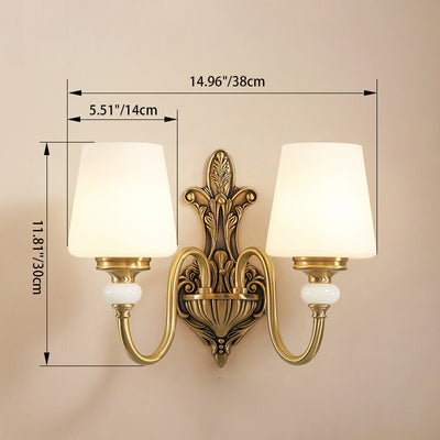 Traditional European Round Cup Shape Curved Pole Carved Brass Glass 1/2 Light Wall Sconce Lamp For Living Room