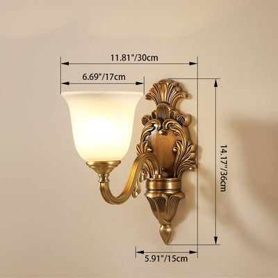 Traditional European Curved Pole Carved Round Cup Shape Brass Crystal Glass 1/2 Light Wall Sconce Lamp For Living Room