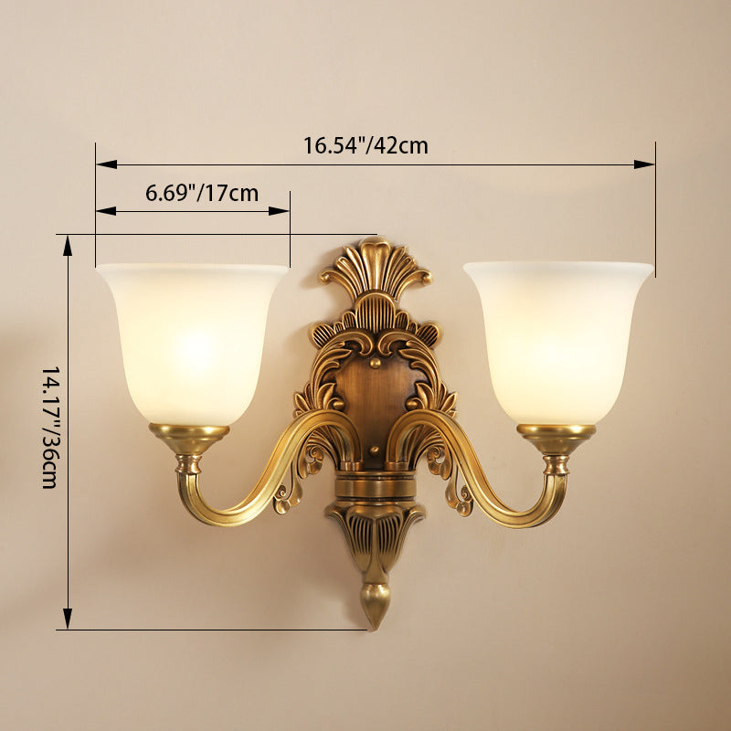 Traditional European Curved Pole Carved Round Cup Shape Brass Crystal Glass 1/2 Light Wall Sconce Lamp For Living Room