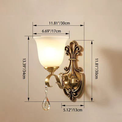 Traditional European Curved Pole Carved Round Cup Shape Brass Crystal Glass 1/2 Light Wall Sconce Lamp For Living Room