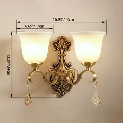 Traditional European Curved Pole Carved Round Cup Shape Brass Crystal Glass 1/2 Light Wall Sconce Lamp For Living Room