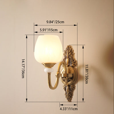 Traditional European Curved Pole Carved Round Leaf Shape Brass Glass 1/2 Light Wall Sconce Lamp For Living Room