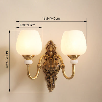 Traditional European Curved Pole Carved Round Leaf Shape Brass Glass 1/2 Light Wall Sconce Lamp For Living Room