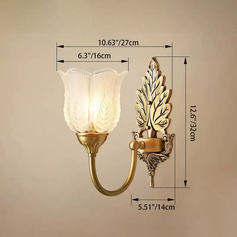 Traditional European Curved Pole Carved Round Leaf Shape Brass Glass 1/2 Light Wall Sconce Lamp For Living Room