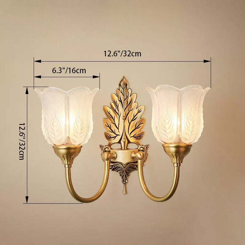 Traditional European Curved Pole Carved Round Leaf Shape Brass Glass 1/2 Light Wall Sconce Lamp For Living Room