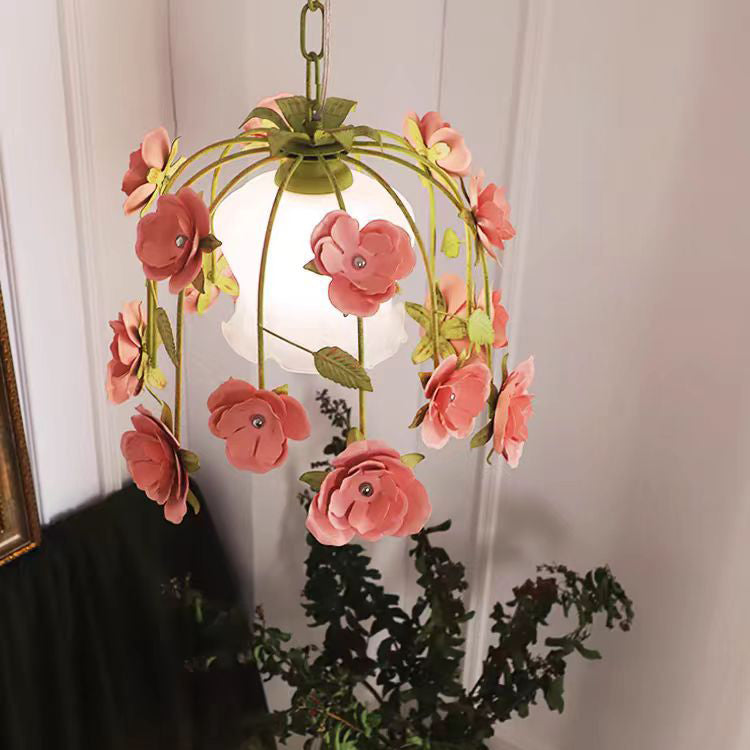 Traditional French Round Rose Iron Glass Shade 1-Light Pendant Light For Living Room