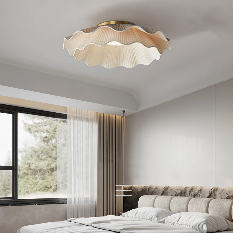 Contemporary Nordic Round Double Layers Petals Full Copper Handmade Fabric Shade LED Flush Mount Ceiling Light For Bedroom