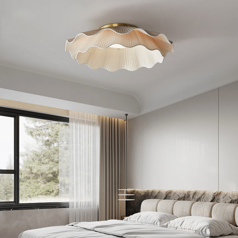 Contemporary Nordic Round Double Layers Petals Full Copper Handmade Fabric Shade LED Flush Mount Ceiling Light For Bedroom