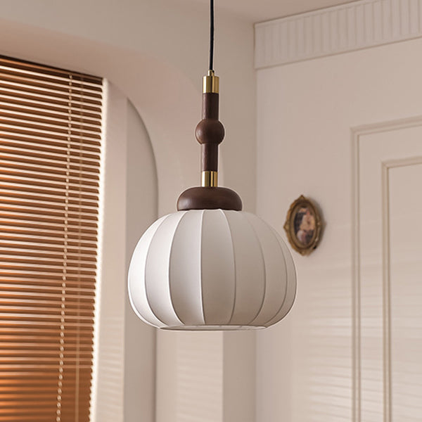 Traditional French Cylinder Lantern Shape Aluminum Wood Frame Silk Shade 1-Light Pendant Light For Living Room