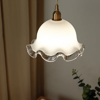 Traditional French Flower Glass Shade Brass 1-Light Pendant Light For Living Room