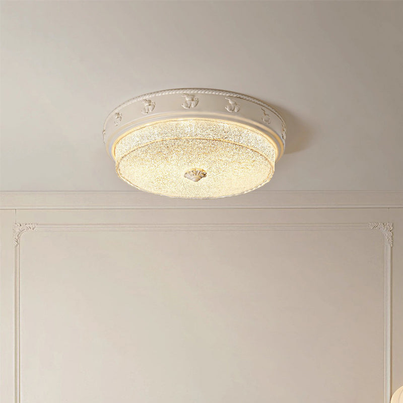 Traditional French Round Carved Resin Iron Glass LED Flush Mount Ceiling Light For Living Room