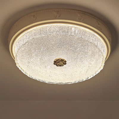 Traditional French Round Carved Resin Iron Glass LED Flush Mount Ceiling Light For Living Room