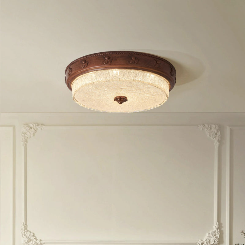 Traditional French Round Carved Resin Iron Glass LED Flush Mount Ceiling Light For Living Room