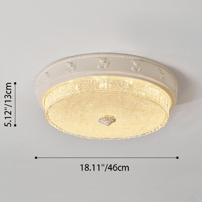 Traditional French Round Carved Resin Iron Glass LED Flush Mount Ceiling Light For Living Room