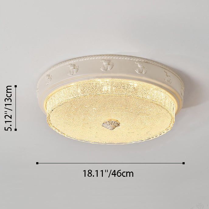 Traditional French Round Carved Resin Iron Glass LED Flush Mount Ceiling Light For Living Room