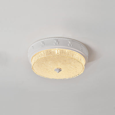 Traditional French Round Carved Resin Iron Glass LED Flush Mount Ceiling Light For Living Room