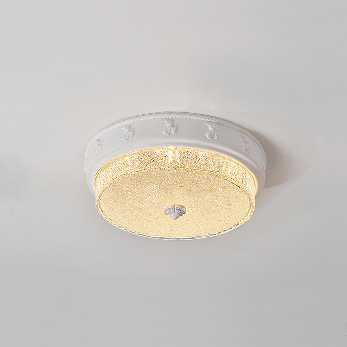 Traditional French Round Carved Resin Iron Glass LED Flush Mount Ceiling Light For Living Room