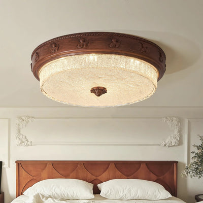 Traditional French Round Carved Resin Iron Glass LED Flush Mount Ceiling Light For Living Room