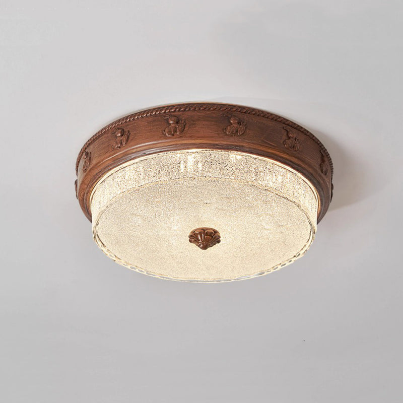 Traditional French Round Carved Resin Iron Glass LED Flush Mount Ceiling Light For Living Room