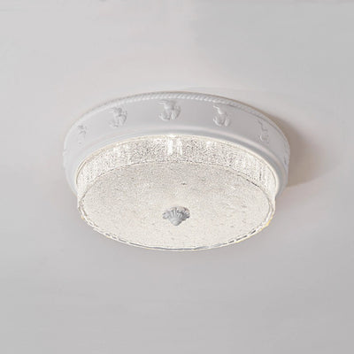 Traditional French Round Carved Resin Iron Glass LED Flush Mount Ceiling Light For Living Room