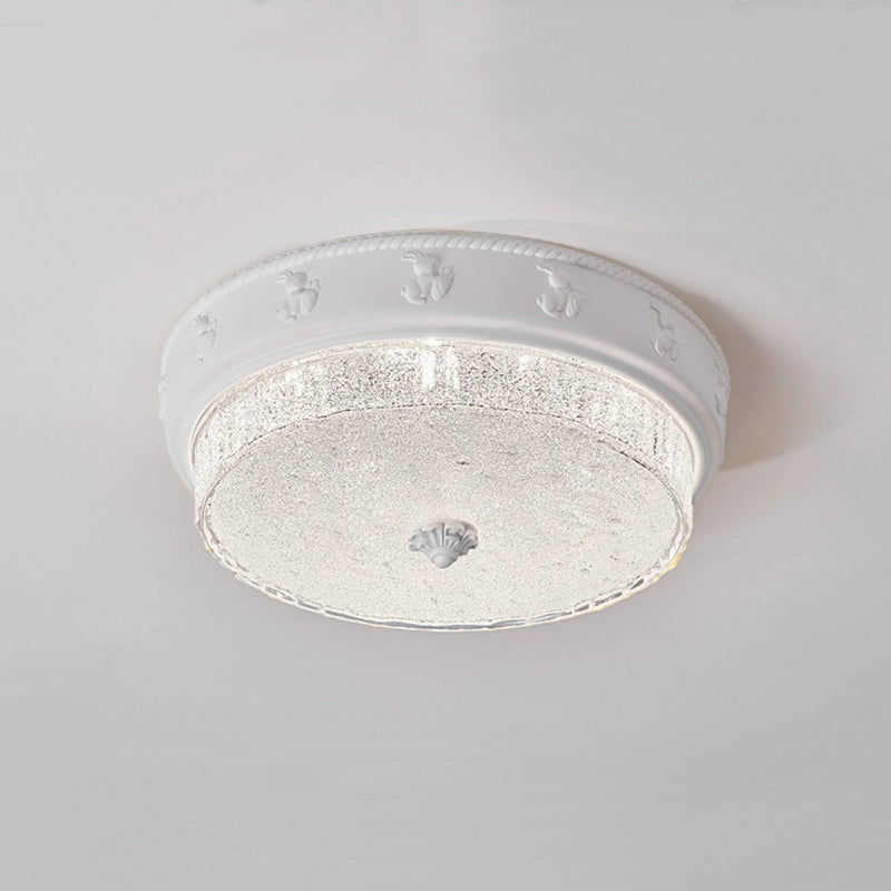 Traditional French Round Carved Resin Iron Glass LED Flush Mount Ceiling Light For Living Room