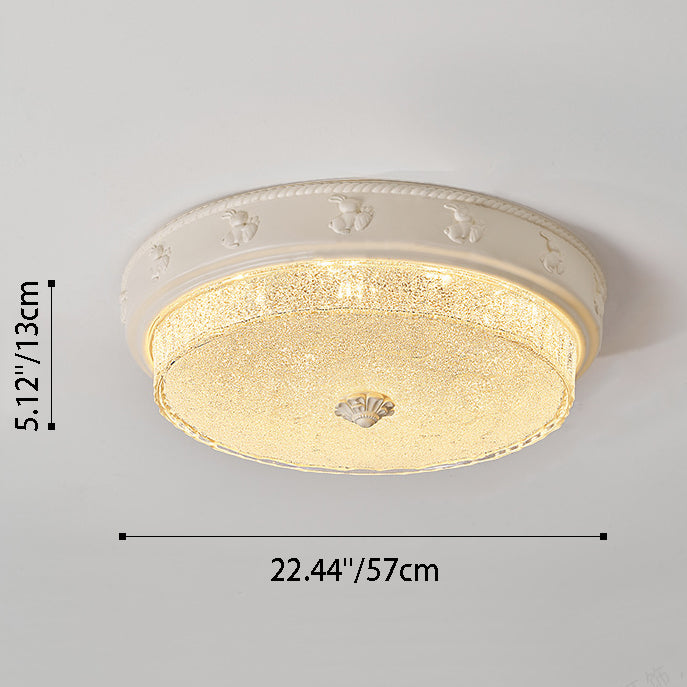 Traditional French Round Carved Resin Iron Glass LED Flush Mount Ceiling Light For Living Room