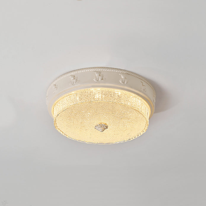 Traditional French Round Carved Resin Iron Glass LED Flush Mount Ceiling Light For Living Room