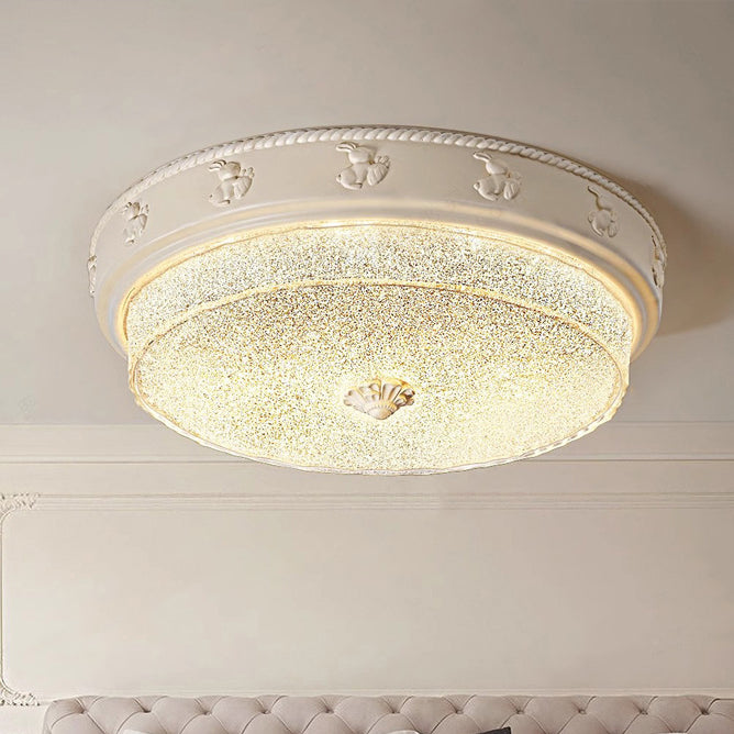 Traditional French Round Carved Resin Iron Glass LED Flush Mount Ceiling Light For Living Room