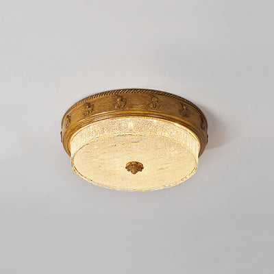 Traditional French Round Carved Resin Iron Glass LED Flush Mount Ceiling Light For Living Room