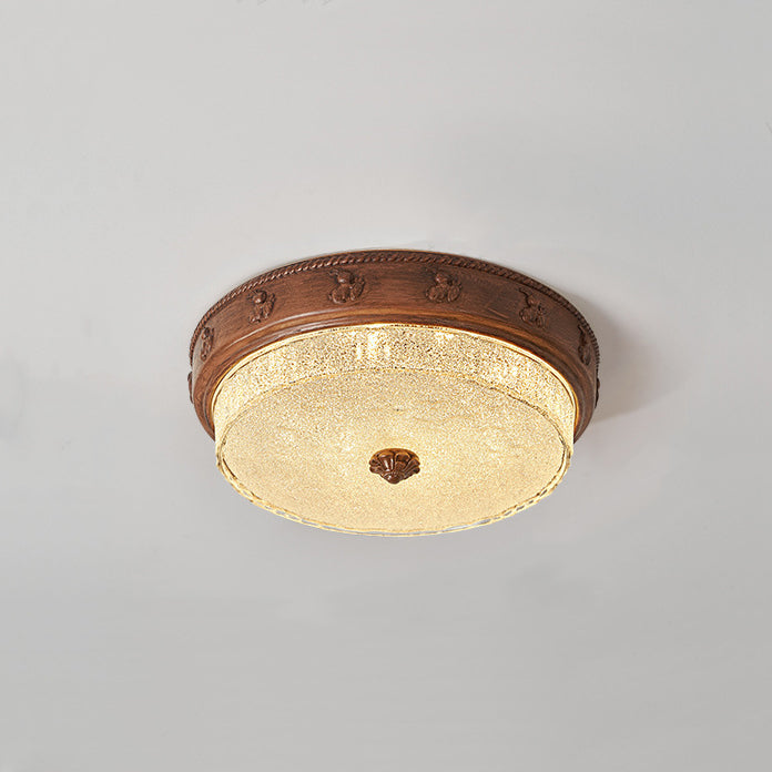 Traditional French Round Carved Resin Iron Glass LED Flush Mount Ceiling Light For Living Room