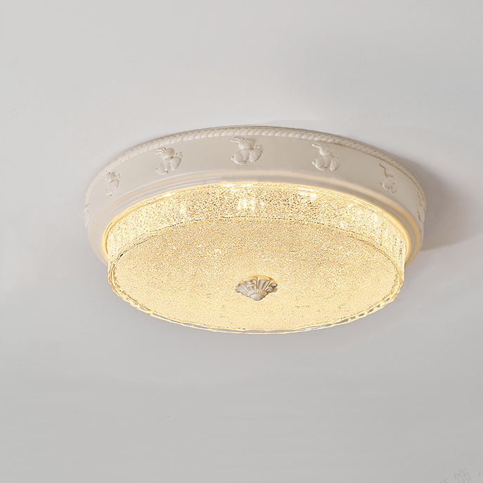 Traditional French Round Carved Resin Iron Glass LED Flush Mount Ceiling Light For Living Room