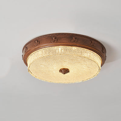 Traditional French Round Carved Resin Iron Glass LED Flush Mount Ceiling Light For Living Room