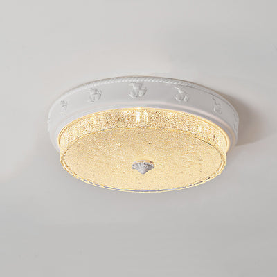 Traditional French Round Carved Resin Iron Glass LED Flush Mount Ceiling Light For Living Room