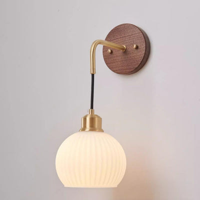 Traditional Chinese Orb Round Glass Shade Solid Wood Iron 1-Light Wall Sconce Lamp For Bedroom