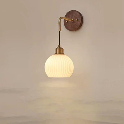 Traditional Chinese Orb Round Glass Shade Solid Wood Iron 1-Light Wall Sconce Lamp For Bedroom