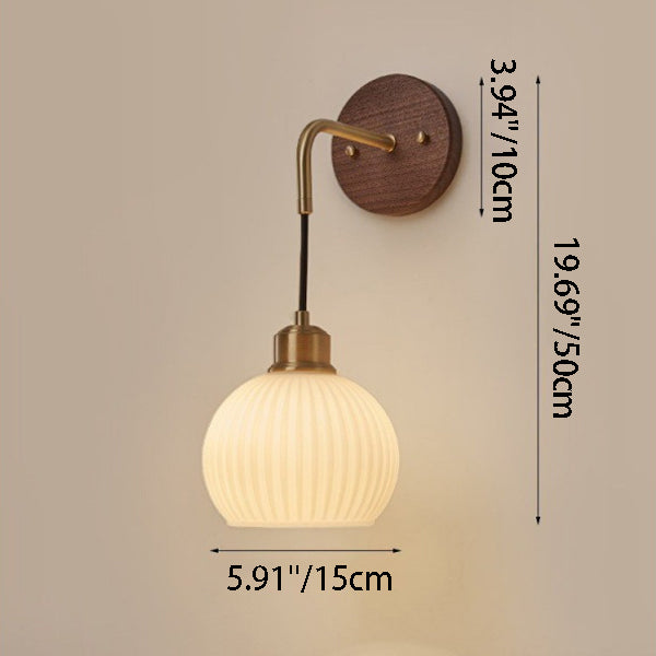 Traditional Chinese Orb Round Glass Shade Solid Wood Iron 1-Light Wall Sconce Lamp For Bedroom