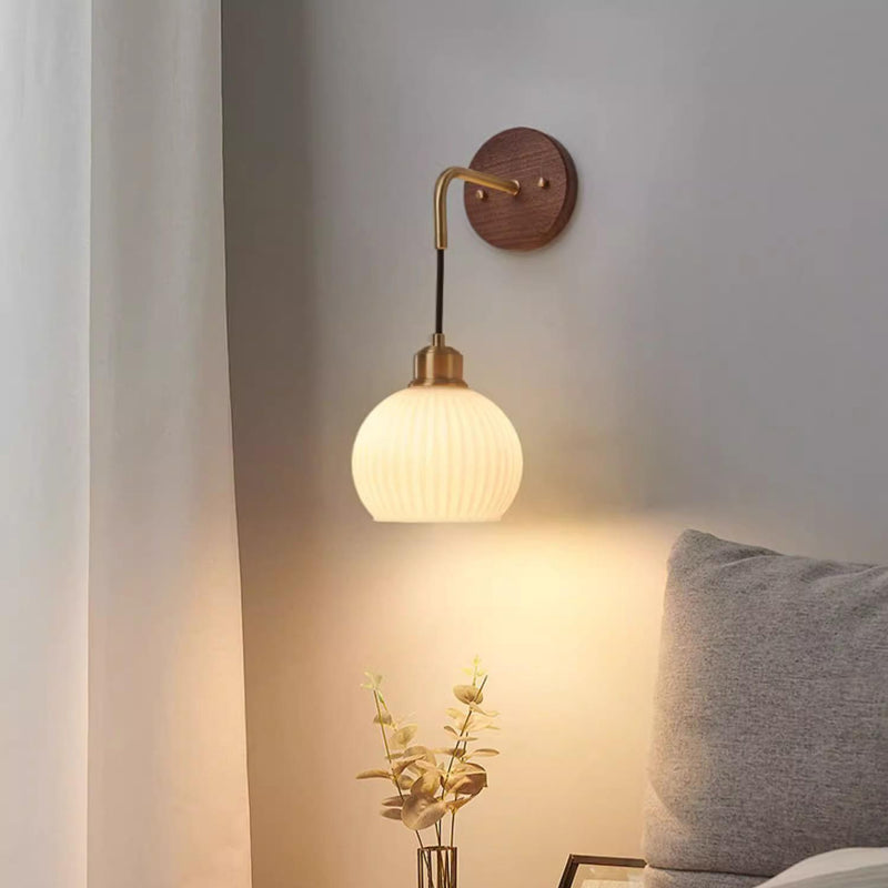 Traditional Chinese Orb Round Glass Shade Solid Wood Iron 1-Light Wall Sconce Lamp For Bedroom