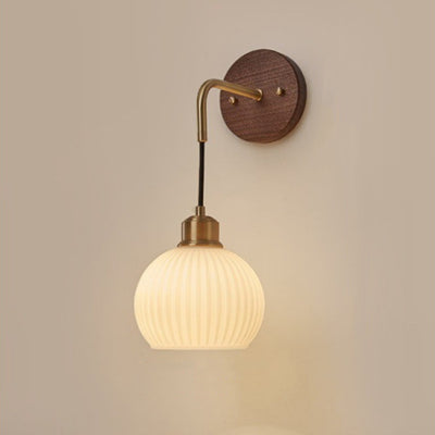 Traditional Chinese Orb Round Glass Shade Solid Wood Iron 1-Light Wall Sconce Lamp For Bedroom