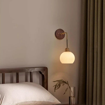 Traditional Chinese Orb Round Glass Shade Solid Wood Iron 1-Light Wall Sconce Lamp For Bedroom