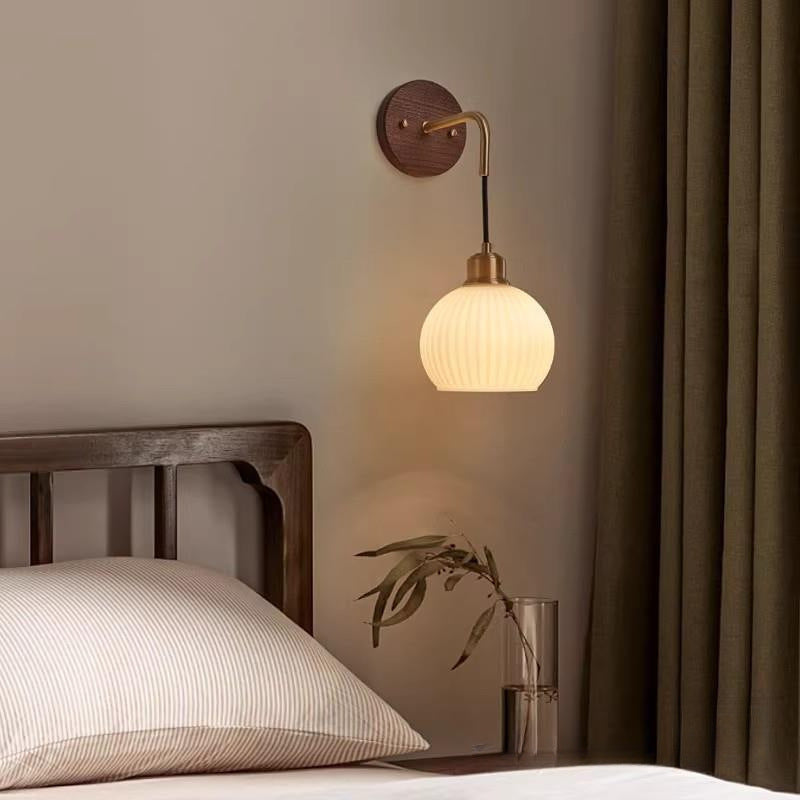 Traditional Chinese Orb Round Glass Shade Solid Wood Iron 1-Light Wall Sconce Lamp For Bedroom