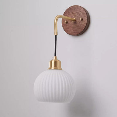 Traditional Chinese Orb Round Glass Shade Solid Wood Iron 1-Light Wall Sconce Lamp For Bedroom